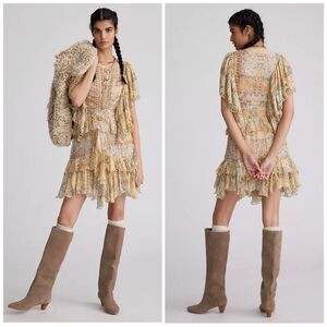 Mes Demoiselles Crook Gold Metallic Ruffle Mini Dress NWOT Cottage core size 10